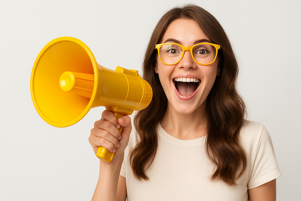 Frau mit Brille ruft in ein Megaphon