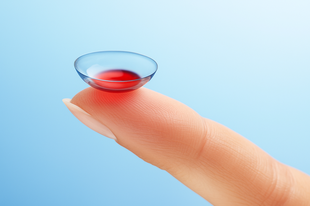Chromagenlinse mit Farbtupfer auf einem Finger