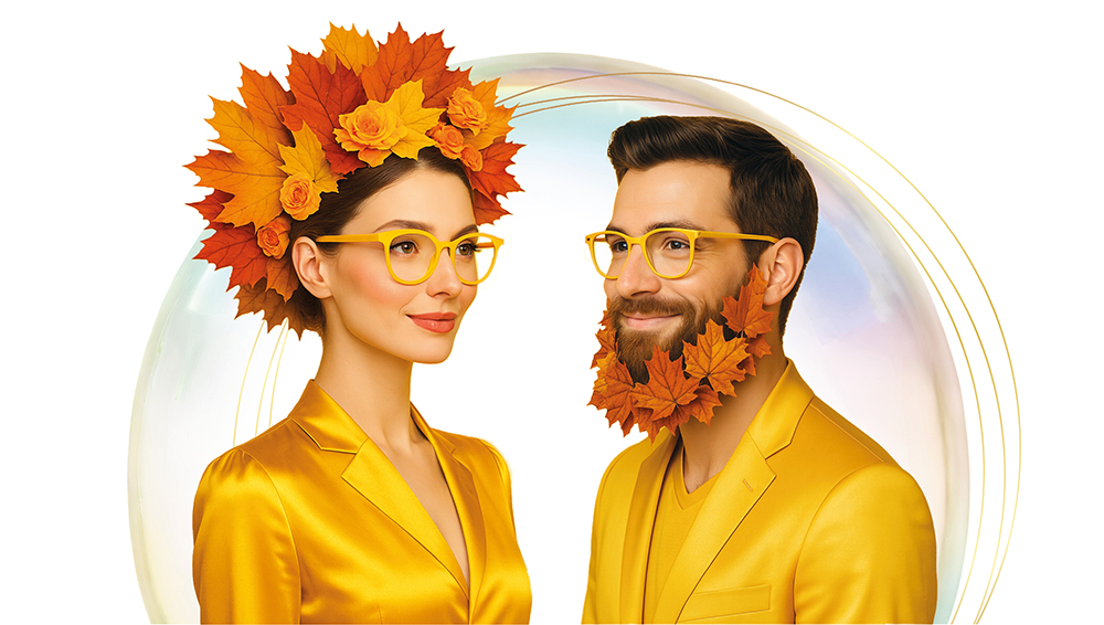 Frau mit Brille und Perücke aus Herbstblättern und Mann mit Brille und Herbstbart