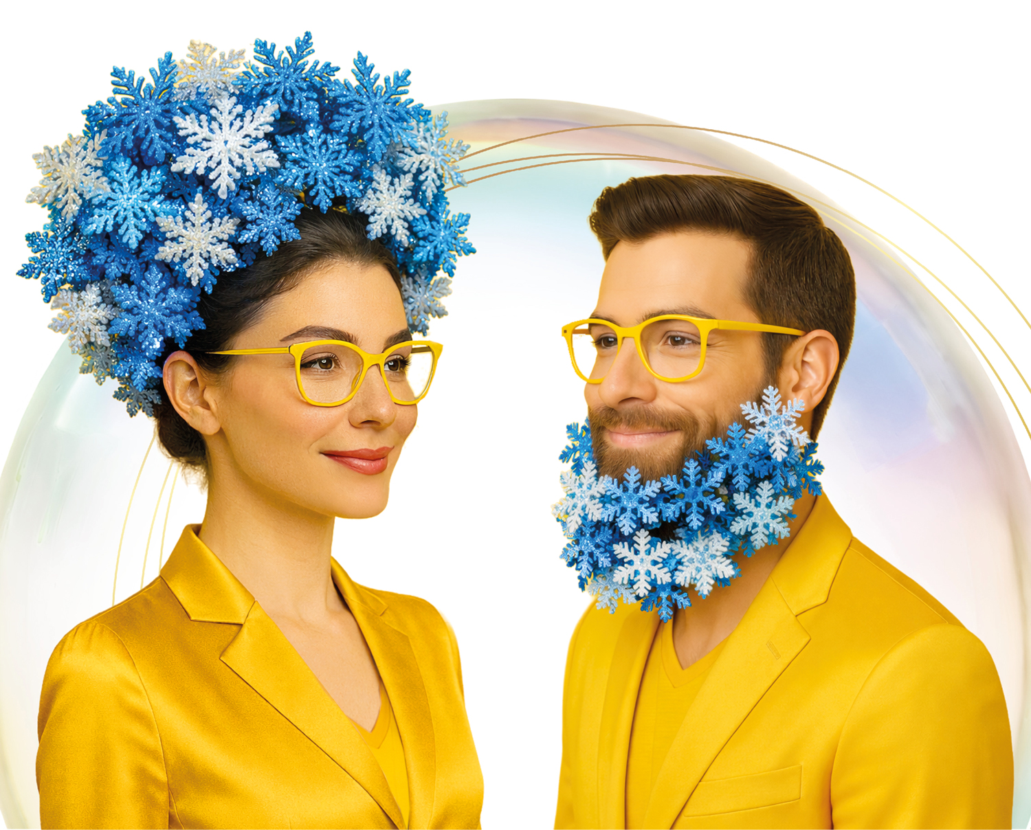 Brillentragende Frau mit Weihnachtskugelperücke sowie mit Mann mit Weihnachtskugelbart vor einer Seifenblase