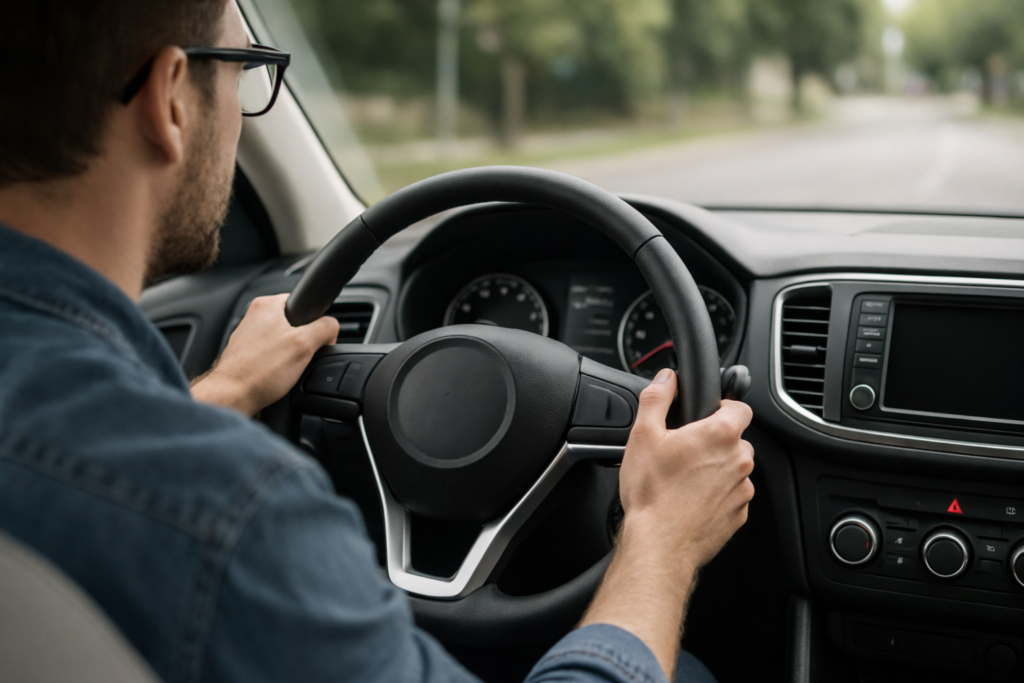 Mann mit Brille lenkt ein Auto