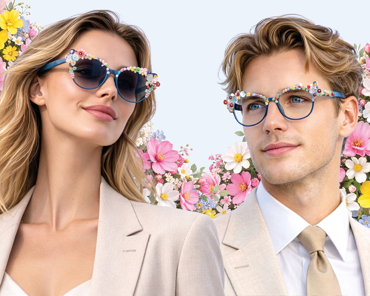 Frau mit Sonnenbrille und Mann mit Brille in Anzug mit Frühlinsblumenverzierung vor Blumenhintergrund