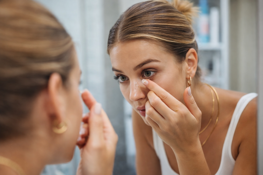 Junge Frau mit Dutt setzt sich vor Spiegel eine Kontaktlinse ein