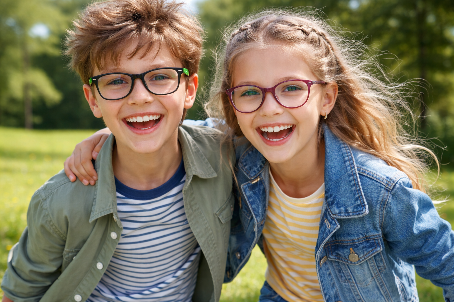 Junge und Mädchen mit Brille spielen im Park
