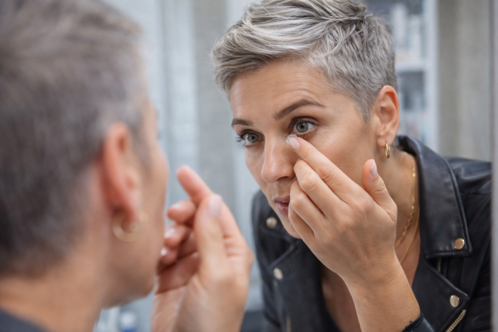 Ältere Frau mit kurzen Haaren setzt sich vor Spiegel Kontaktlinse ein