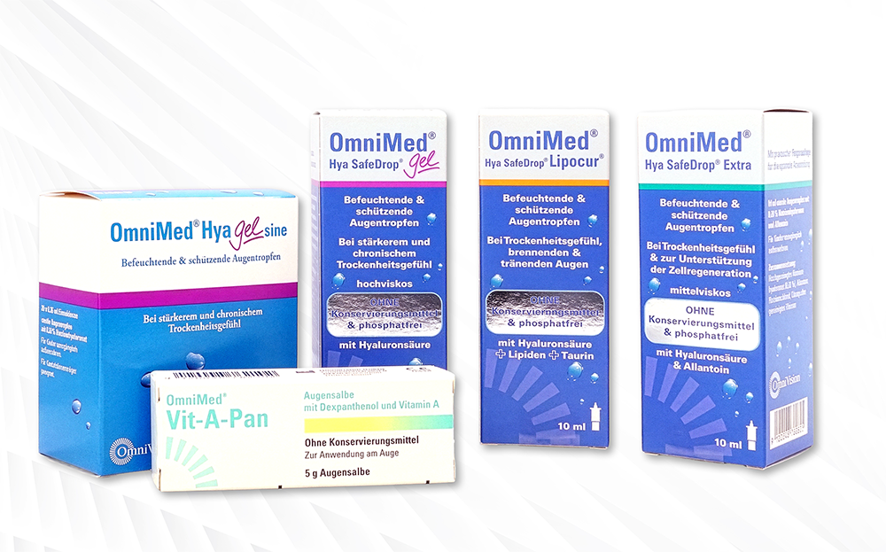 4 Linsenprodukte für trockene Augen: OmniMed Hya Gel Sine, Omnimed Hya SafeDrop Gel, OmniMed Hya SafeDrop Lipocur, OmniMed Hya SadeDrop Extra