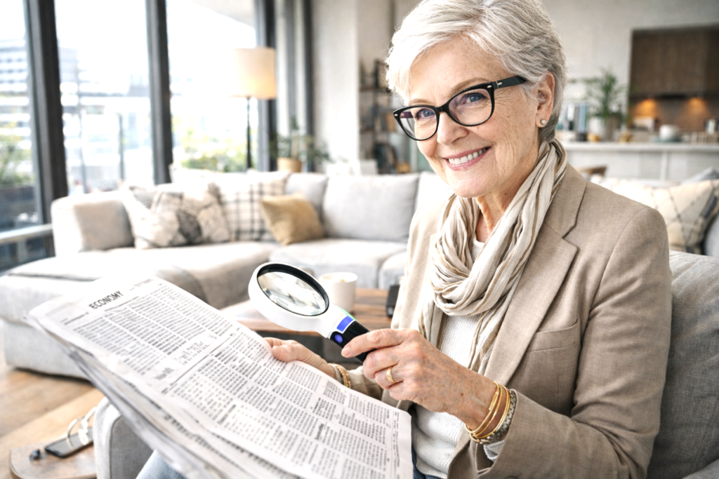 Frau mit Brille nutzt eine Lupe, um eine Zeitung besser lesen zu können