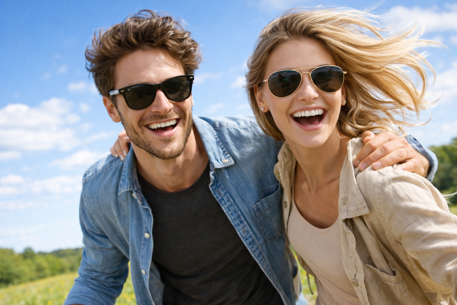 Modernes Paar beide mit Sonnenbrille vor Wiesenhintergrund