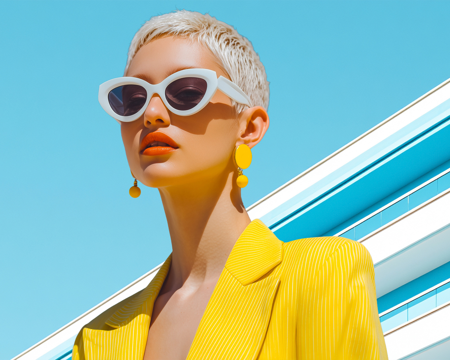 Frau mit kurzen Haaren und Blazer sowie ausgefallener Sonnenbrille vor Gebäude und Himmel