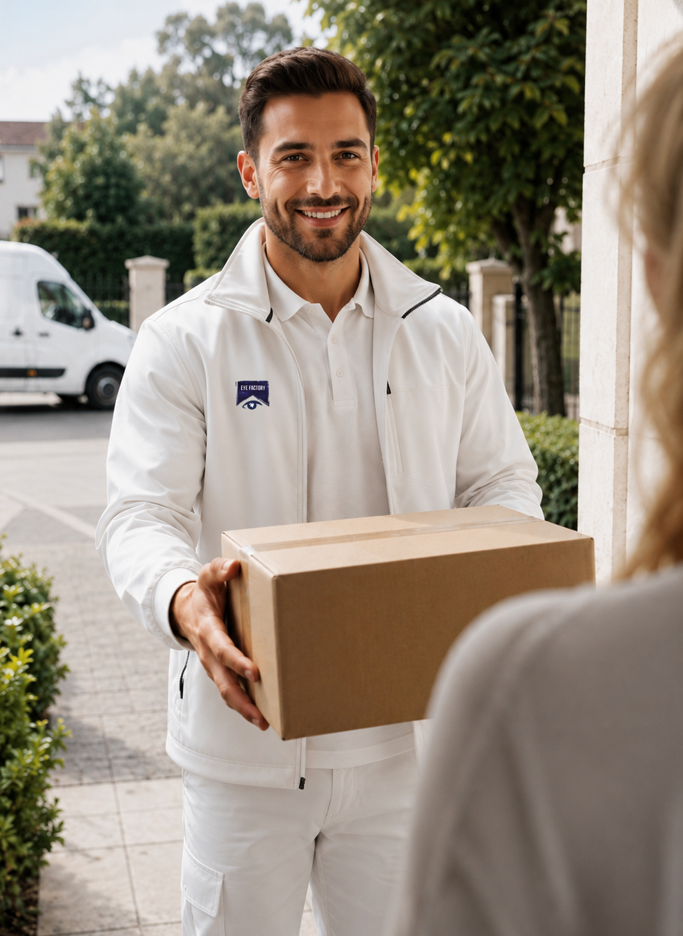 Lieferant mit kurzen Haaren überbringt Frau Paket an der Haustür