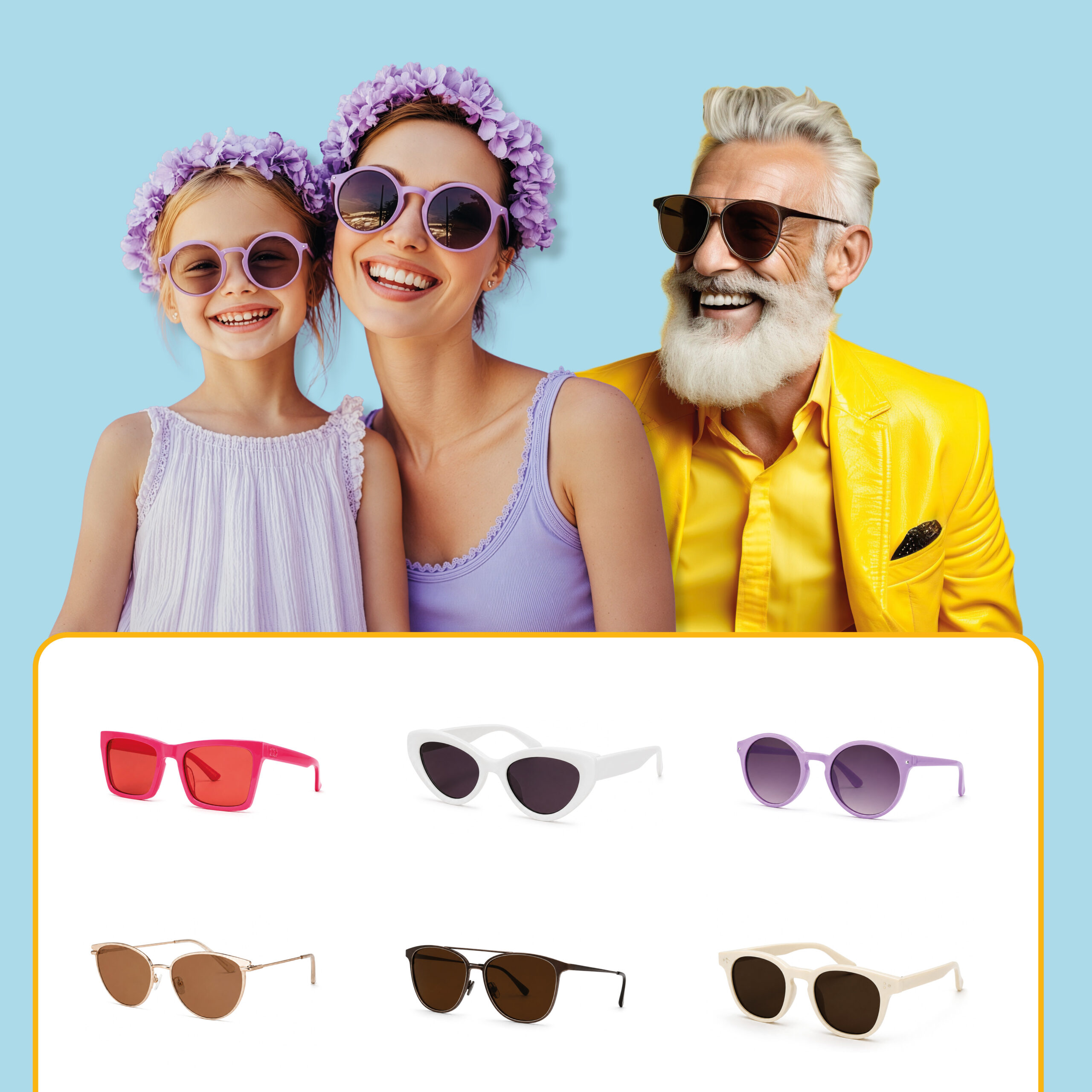 Frau mit Sonnenhut, Mutter und Tochter mit Haarkranz, Mann in Anzug, alle mit Sonnenbrille. Darunter sechs Sonnenbrillenmodelle
