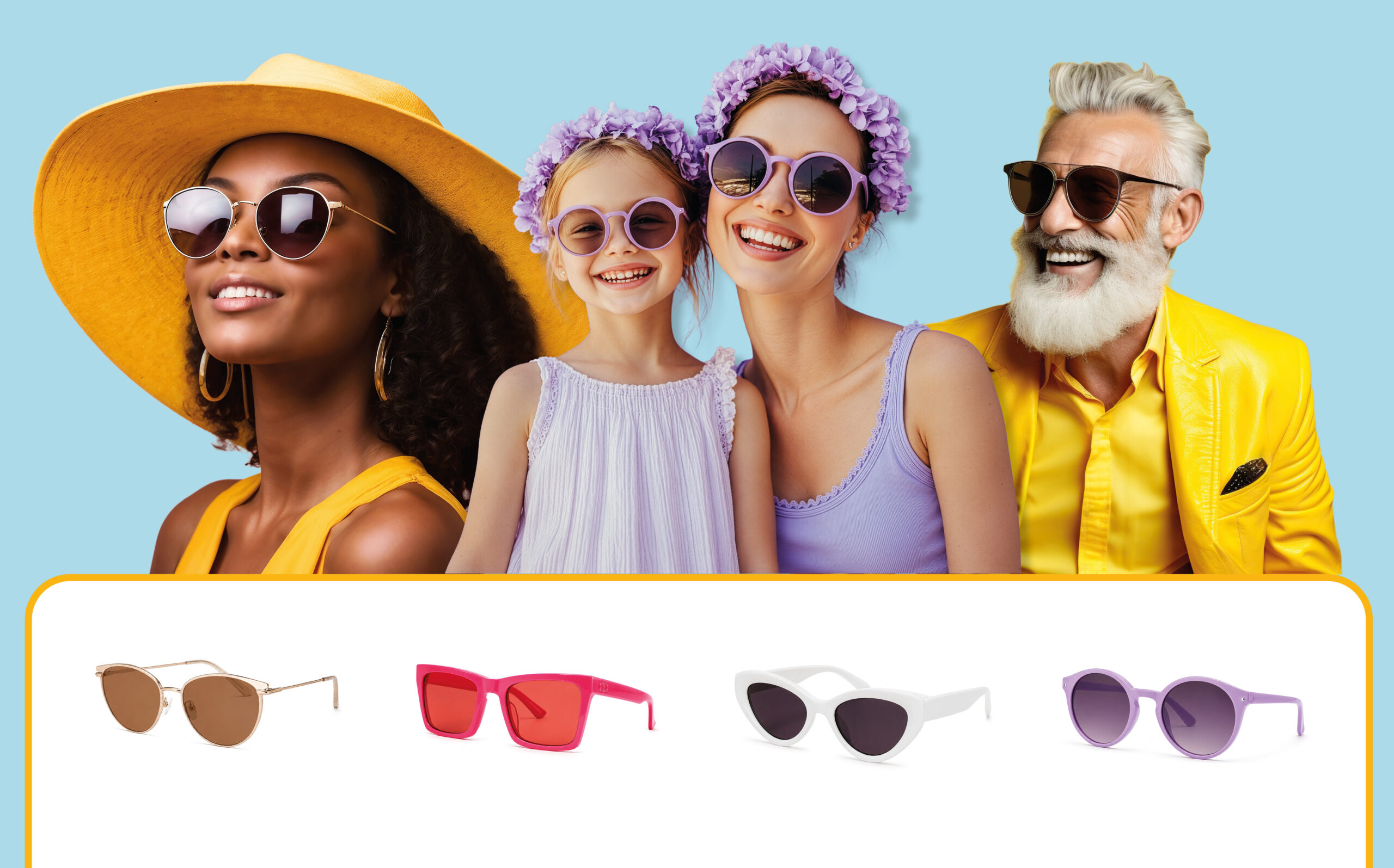 Frau mit Sonnenhut, Mutter und Tochter mit Haarkranz, Mann in Anzug, alle mit Sonnenbrille. Darunter vier Sonnenbrillenmodelle