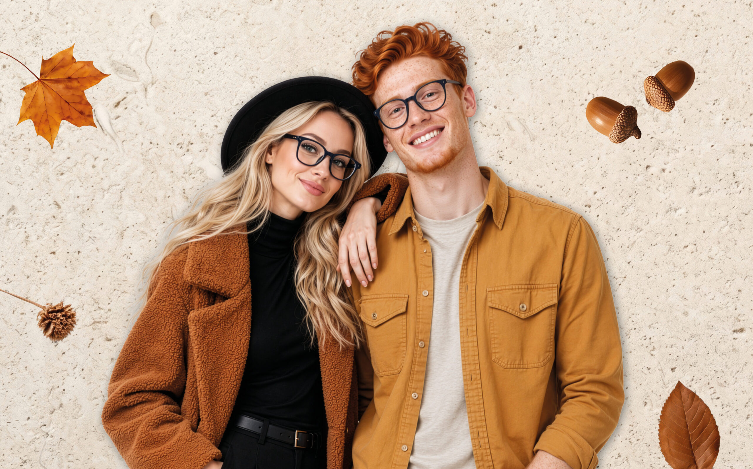 Frau mit Hut und Brille und Mann mit Brille in Hemd. Umgeben von Blättern, Kastanien und Gräsern.